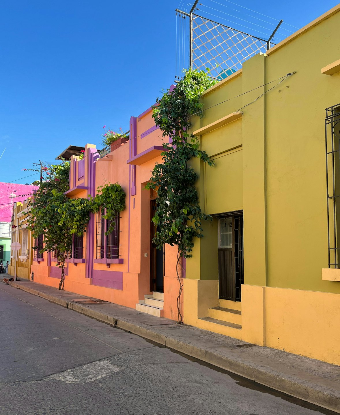 Edifici colorati in stucco con viti verdi fiancheggiano una strada di città.